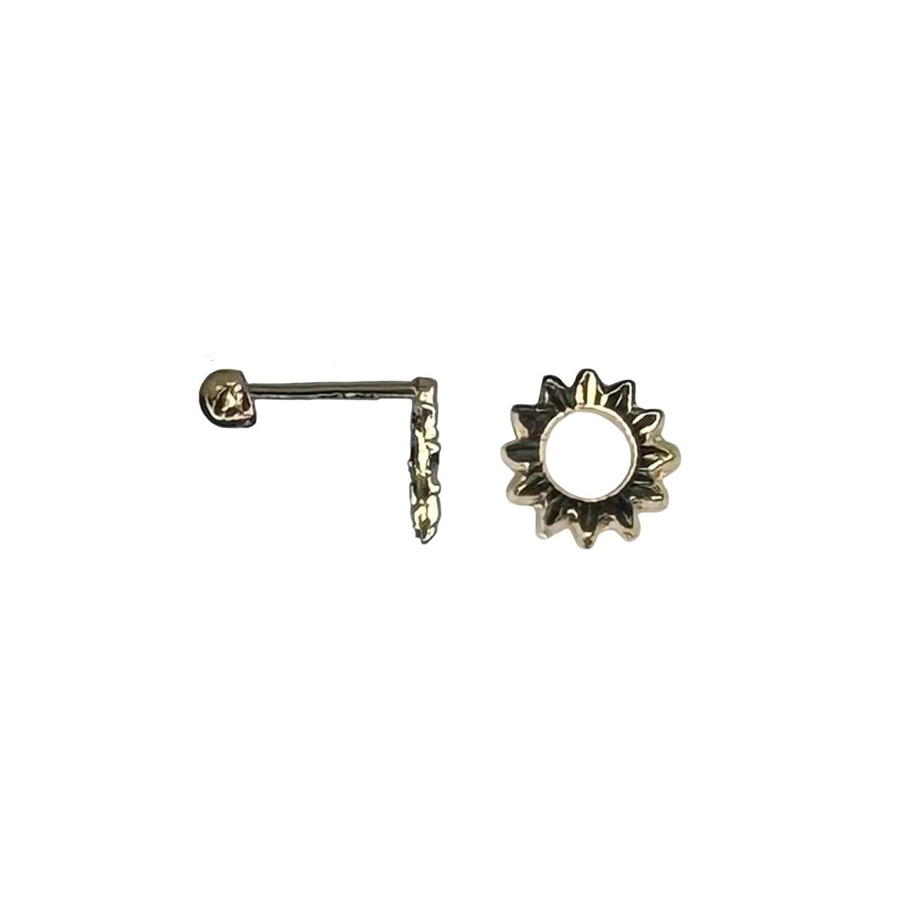detailed sideview of sunflower gold earrings.